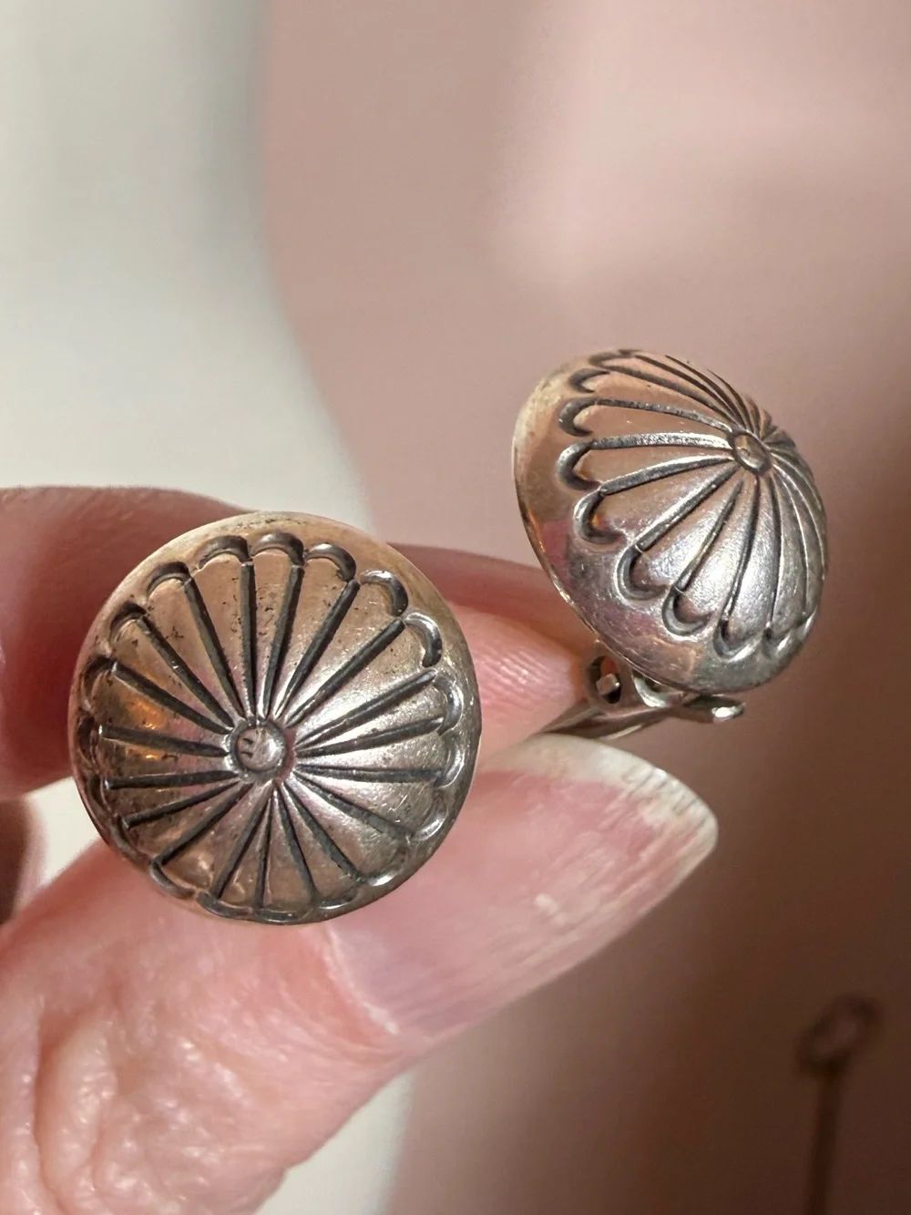 Native American Navajo Sterling silver Signed hand stamped small clip earrings